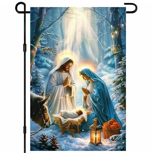 IVN Merry Christmas Nativity Scene Garden Flag 12x18 Inch Double Sided - color: Forest Nativity Scene