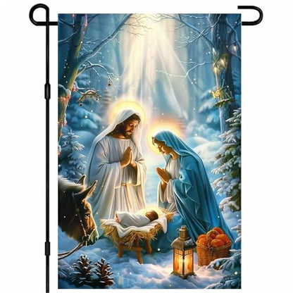 IVN Merry Christmas Nativity Scene Garden Flag 12x18 Inch Double Sided - color: Forest Nativity Scene