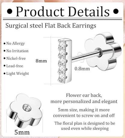 14K Gold Plated Small Stud Earrings for Girls Women Hypoallergenic Surgical Steel Cartilage Flat Back Stud Earrings CZ Cross Dot Bar Heart Handmade Screw Back Earrings Studs - color: Silver, style: Bar