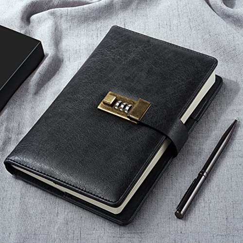 WEMATE Diary with Lock, A5 PU Leather Journal with Lock 240 Pages Black - color: Black