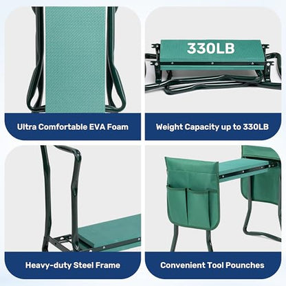 Healsmart Garden Kneeler and Seat, Foldable Kneeling Bench with Sturdy Soft EVA Foam Pad, for Camping, Gardening, Fishing, 2 Tool Pouches Included, Green - size: Kneeler and Seat