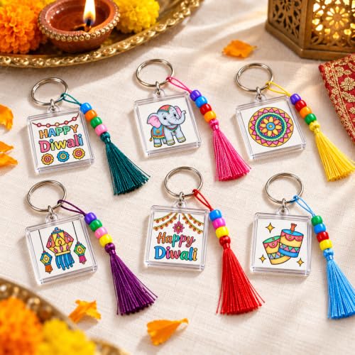 Cinrobiye 24 Sets Diwali Keychain Craft Kit, Make Your Own Photo Keychains, Color Your Own Deepavali Festival of Lights Keepsakes, Personalized Keychain Crafts for Diwali Party Favors - style: Diwali