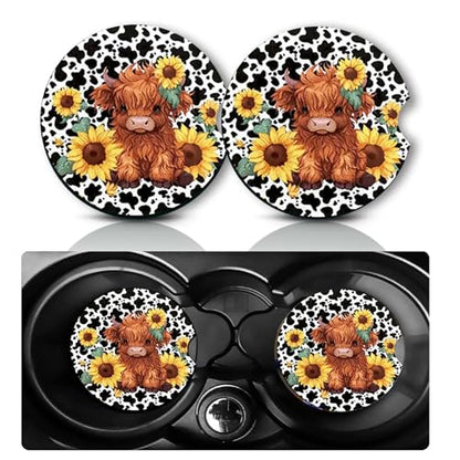 2Pcs Sunflower Highland Cow Car Coasters,2.75" Neoprene Cup Holder Coaster - color: Sunflower Cow Baby