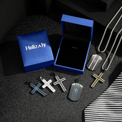 Holizaly Men's Cross Necklace 316L Stainless Steel Pendant White/Gold/Black/Blue Rolo Chain-Gift Box Included - color: Silver