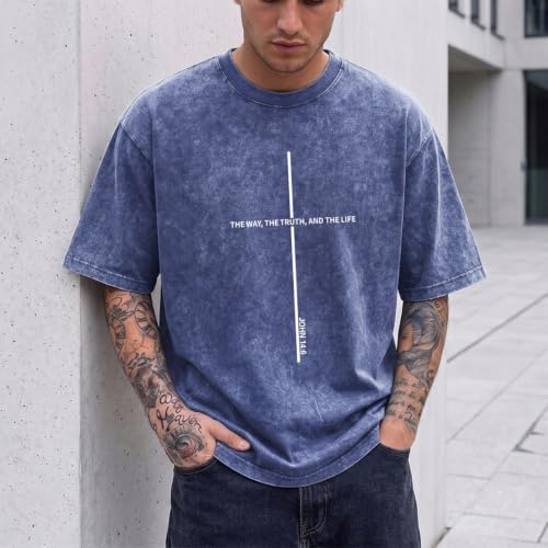 Wrenpies Christian Jesus Shirts for Men God Faith Religious Tshirt Cross Bible Verse Tops Acid Wash Oversized Graphic Tees - color: Blue, size: X-Small