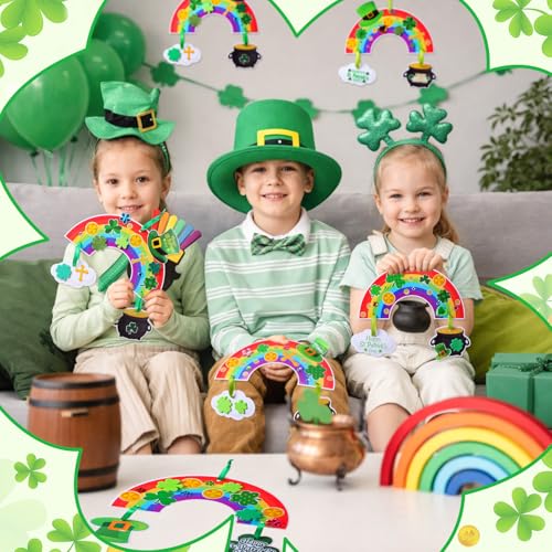 Funrous 48 Sets Crafts Kit Paper Crafts DIY Make Your Own Hanging Ornaments with Pompoms Diamond Stickers for Holiday Classroom Activities Party Favors, St. Patrick's Rainbow - style: St. Patrick's Rainbow