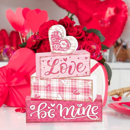 Britimes Tiered Tray Decor Set, 4 Pack, Wooden Table Sign, Valentine Plaid - style: Pink Love Plaid