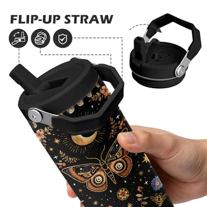 Hiboss Witchy Gifts for Women, Goth Butterfly Tumbler with Handle and Flip Straw 28oz, Insulated Stainless Steel Gothic Moth Moon Floral Travel Coffee Cup Mug - color: Butterfly - 02
