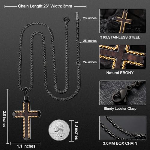 Wooden Cross Necklace for Men With Stainless steel And Black Ebony Adjustable Box Chain 24–26 inches Suitable for Everyday Wear And Christian Gifts for Men - color: Black-J