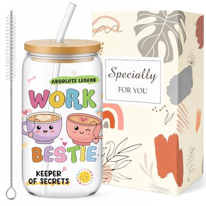 Work Bestie Gifts Glass Cups - Glass Tumbler with Straw and Lid, Cute Coworkers Gift for Women Sister Bestie Best Friend Colleague Teacher Birthday Graduation Christmas Appreciation - style: work bestie