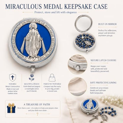 Catholic Pearl Cross Rosary Necklace — Ideal for Baptism, Prayer, Devotion — 6mm Glass Beads & 8mm Our Father Beads w/Caps, Miraculous Jewelry Box – Perfect Religious Gift for Women, Men - color: Blue