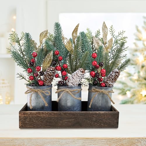 Winlyn Christmas Floral Arrangement Farmhouse Centerpiece Faux Pine Branches Pinecone Red Berry Stems Glitter Leaves Christmas Picks in Galvanized Pots with Wood Box for Holiday Table Décor