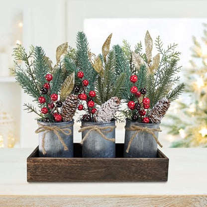 Winlyn Christmas Floral Arrangement Farmhouse Centerpiece Faux Pine Branches Pinecone Red Berry Stems Glitter Leaves Christmas Picks in Galvanized Pots with Wood Box for Holiday Table Décor