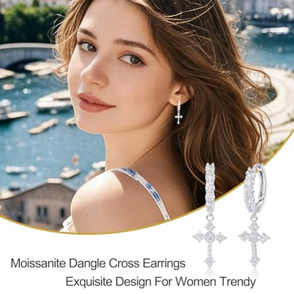 Moissanite Cross Earrings Sterling Silver Cross Stud Eearrings D Color VVSI Moissanite Stud Earrings Crucifix Jewelry Gift - color: Silver-1.5CT