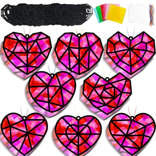 32 Sets Heart Suncatchers Craft Kit for Valentine's Day DIY Window Stained Glass Paper Pink Love Home School Classroom Decor Valentines Art Craft Creative Activity Project Kid Christmas Gift Favor - style: Valentines
