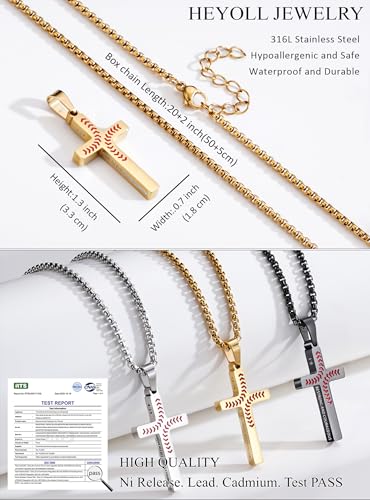 Baseball Cross Necklaces for Boys Men, Colourfast Stainless Steel Bible Verse Cross Chain Pendant Necklace Baseball Accessories Stuff Confirmation First Communion Gifts for Boys Teens - color: Gold