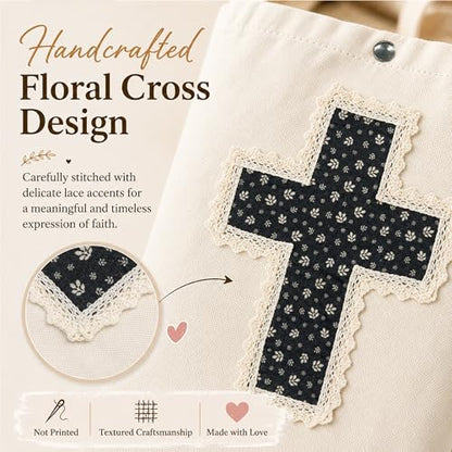Christian Tote Bag Gift for Women, Canvas Bible Bag Handmade Floral Cross - color: Cream-soft Sage Petal
