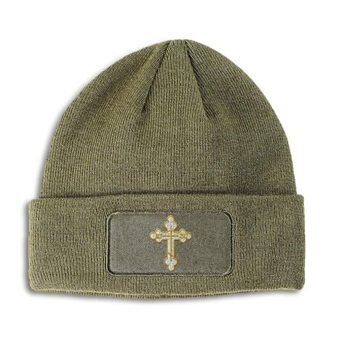 Custom Patch Beanie Gold Outline Orthodox Cross Faith Jesus God Skull Cap Hats for Men & Women One Size - color: Olive Green Design Only