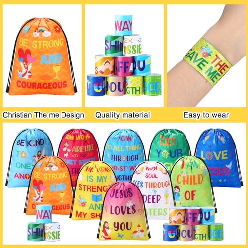 Frienda 20 Pcs Christian Party Favors Includes 10 Bible Verse Drawstring Backpack Bags and 10 Religious Slap Bracelets for VBS Birthday Gifts Church Sunday School Prizes Supplies(Classic) - style: Classic
