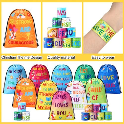 Frienda 20 Pcs Christian Party Favors Includes 10 Bible Verse Drawstring Backpack Bags and 10 Religious Slap Bracelets for VBS Birthday Gifts Church Sunday School Prizes Supplies(Classic) - style: Classic