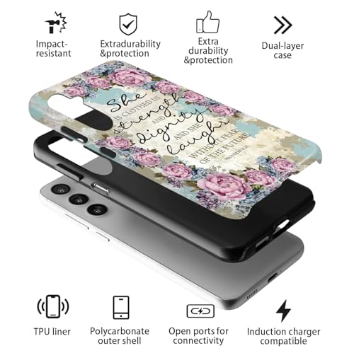 Compatible for Samsung Galaxy S24 FE 5G Case, 2 Layer Hard Shell Silicone Cover 2 in 1 Shockproof Protective Phone Case,Bible Verse Proverbs 31:25,Purple Flowers - color: Bible Verse Proverbs 31:25,Purple Flowers, size: S24 FE