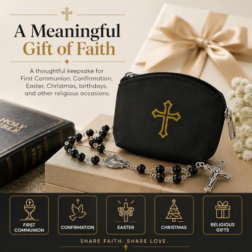 Red Rosary Pouch with Zipper & Gold St. Thomas Cross Imprint | Compact Leatherette Rosary Case for Small to Medium Rosaries | Protective Travel Rosary Holder for Men & Women - color: Red