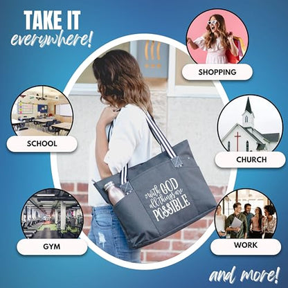 Brooke & Jess Designs Church Bags for Women - Bible Tote Bags for Women, Large Tote Bag for Womens with Zipper - color: With God Tessa Black