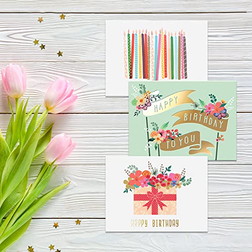 Sweetzer & Orange S&O Gold Foil Bulk Birthday Cards Assortment – 24pc Bulk Happy Day flyers with Envelopes Box Set – Assorted Blank Birthday Cards for Women, Men, and Kids in a Boxed pack