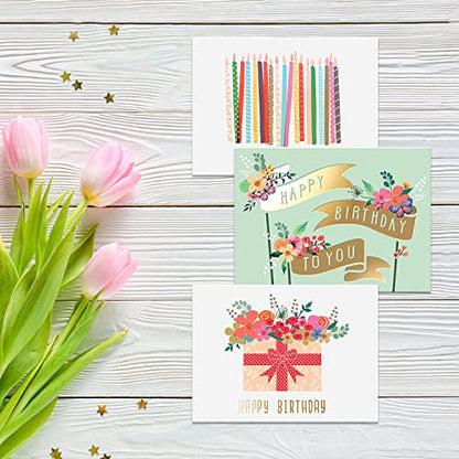 Sweetzer & Orange S&O Gold Foil Bulk Birthday Cards Assortment – 24pc Bulk Happy Day flyers with Envelopes Box Set – Assorted Blank Birthday Cards for Women, Men, and Kids in a Boxed pack