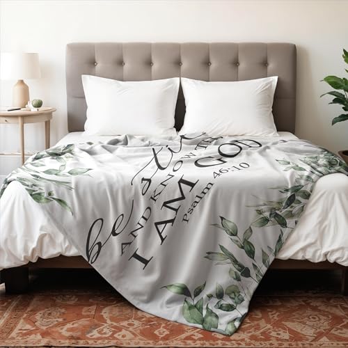 Christian Bible Verse Blanket, Christian Gifts for Women Men, Be Still and Know That I Am God Religious Scripture Throw Blankets for Bedroom Living Room Couch Sofa, 50x60 Inches - color: Green Leaf
