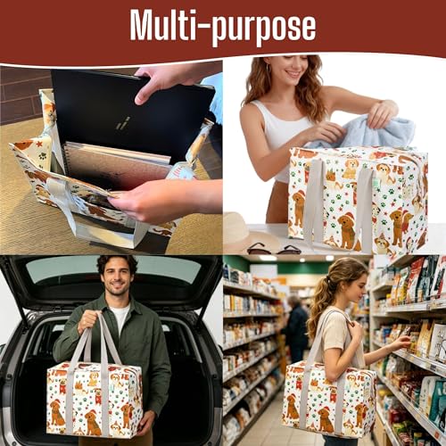 VENO 2 Pack Utility Tote Reusable Grocery Bags with Zipper & Hard Bottom - color: Holiday Pups, size: 2 Pack