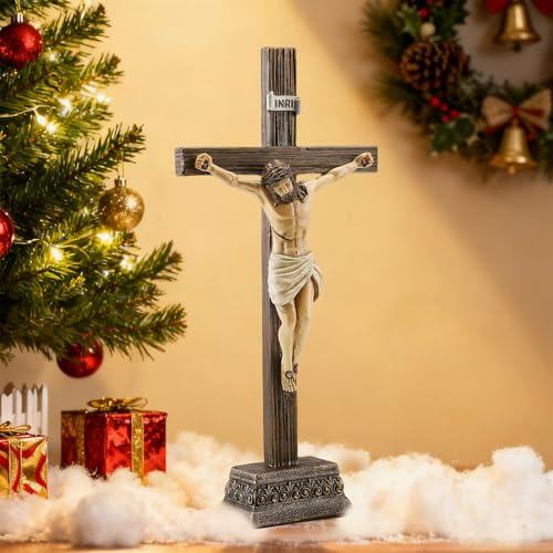 Magicsculp 10.8" H Jesus Crucifix Statue - Resin Standing Wall Cross Decoration, Praying Religious Figurine Jesus Christ Catholic Display, Hanging or Tabletop with Stand for Home Decor - color: Yellow