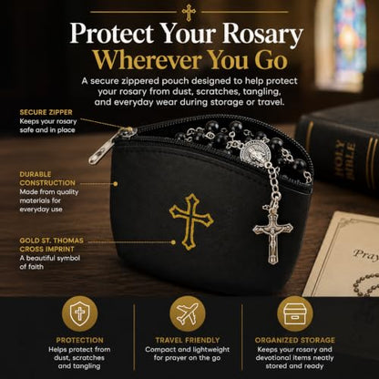 Green Rosary Pouch with Zipper & Gold St. Thomas Cross Imprint | Compact Leatherette Rosary Case for Small to Medium Rosaries | Protective Travel Rosary Holder for Men & Women - color: Green