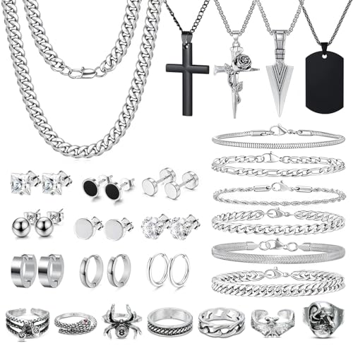 36 Pieces Silver Jewelry Set for Men Stainless Steel Cuban Link Chain Bracelet Cross Pendant Necklace Classic Ring Hip Hop Jewelry Pack for Men