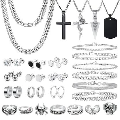 36 Pieces Silver Jewelry Set for Men Stainless Steel Cuban Link Chain Bracelet Cross Pendant Necklace Classic Ring Hip Hop Jewelry Pack for Men