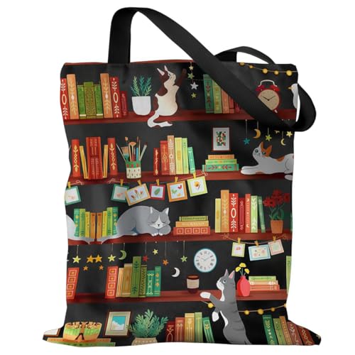 Canvas Tote Bags Reusable Shopping Bag for Women with Zippered Inner Pocket Magnetic Snap Closure - color: Bookshelf Cats