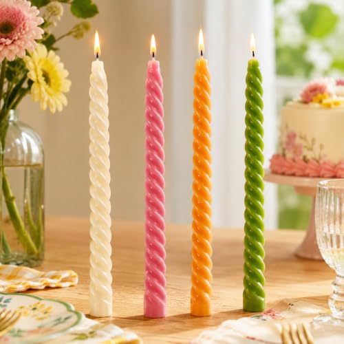 Whaline 8 Pcs Spiral Taper Candles White Pink Orange Green Dripless Twisted Wax Candles 10 Inch Long Unscented Candle Sticks for Spring Holiday Dinner Party Wedding Home Kitchen Table Decor - color: Spring