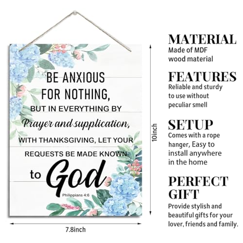 Christian Decor Rustic Hanging Wood Plaque, Positive Mindset Sign for Wall Decor, Philippians 4:6 Bible Verse, 'Be Anxious for Nothing' Sign - color: Philippians 4:6