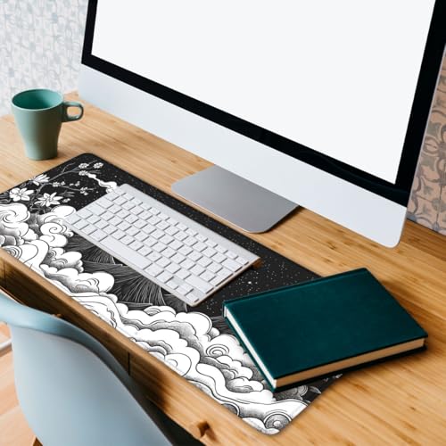 Moon Mountain Gaming Mouse Pad Black White Landscape Zen Mountain Mousepad Extended Large Laptop Keyboard Non-Slip Rubber Base with Stitched Edges 31.5x11.8 Inch - color: Moon Mountain, size: 31.5" x 11.8"
