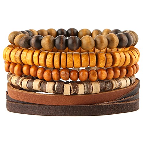 HZMAN Handmade Hemp Cords Wood Beads Leather Bracelets for Men Women - style: Coconut shell 5 Mix