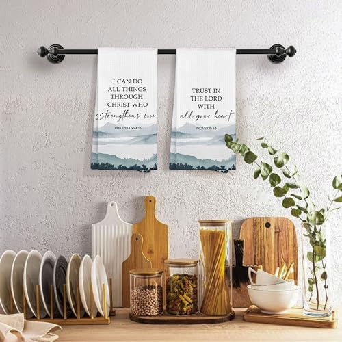 Boho Christian Bible Inspirational Kitchen Towels 16x24 Set of 2, Mountain Woodland Dish Towels Cloths Dishcloths Tea Towel Gifts, Philippians Proverbs Bathroom Kitchen Hand Towel Decor - color: Mountain