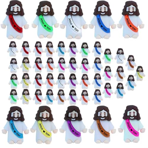 50 Pack Little Jesus Figures Easter Mini Rubber Toys to Hide and Seek, Pocket Jesus Love You Miniatures Religious Party Favors Baptism Gifts Sunday School Easter Egg Stuffers - color: 10-color *50