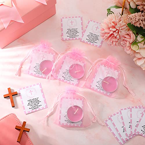Roowest 50 Sets Baby Shower Tea Light Candles with Cards Bags Pink