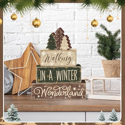 Britimes Tiered Tray Decor Set, 4 Pack, Wooden Sign, Christmas Farmhouse - style: Winter Tree
