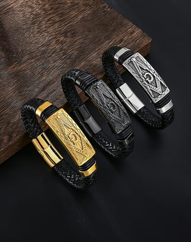 YL Cross Masonic Leather Mens Bracelet, 18K Gold/Black Rhodium Plated Christian Religious 316L Stainless Steel Brown Cuff Handcrafted Jewelry Gifts - color: Masonic A-Gold, size: 8.3"(210mm)