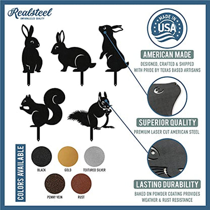 RealSteel Metal Garden Animal Statues & Lawn Ornaments, Bunny Rabbit & Squirrel Garden Stakes 5 Pack – Metal Yard Art Silhouettes for Front Yard, Flowerbed & Patio Decor – Rust Resistant Steel, Black
