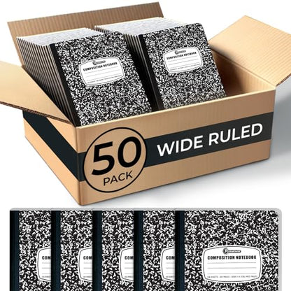 Rosmonde 50 Pack Composition Notebooks Bulk Wide Ruled, Black Marble - size: 50 Pack