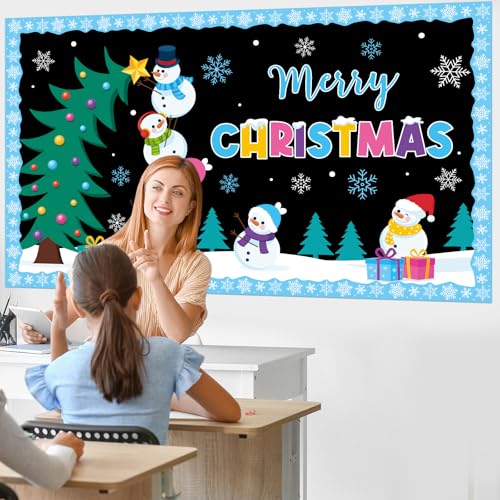 Winter Bulletin Board Decorations Merry Christmas Classroom Bulletin Board Set Snowman Tree Snowflakes Paper Cutouts for Winter Christmas Classroom Holiday School Office Home Wall Party Decor Supplies - style: Christmas Snowman