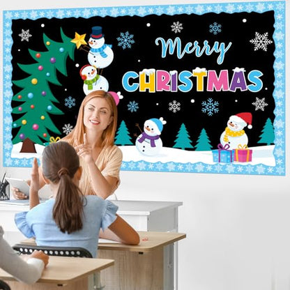 Winter Bulletin Board Decorations Merry Christmas Classroom Bulletin Board Set Snowman Tree Snowflakes Paper Cutouts for Winter Christmas Classroom Holiday School Office Home Wall Party Decor Supplies - style: Christmas Snowman