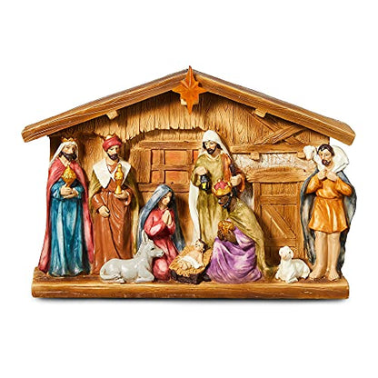 Glitzhome Lighted Resin Nativity Figurines House Countertop Christmas Ornaments Nativity Scene Figure Tabletop Crafts Statue Miniatures Xmas Collectibles Baby Jesus Gifts for Home Shelf Decor 12.5" - size: 12.5 x 8.5 Inches